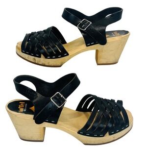 Swedish Hasbeens Toffel Black Leather Clog Sandals‎ EU36 Wood Heel Sweden